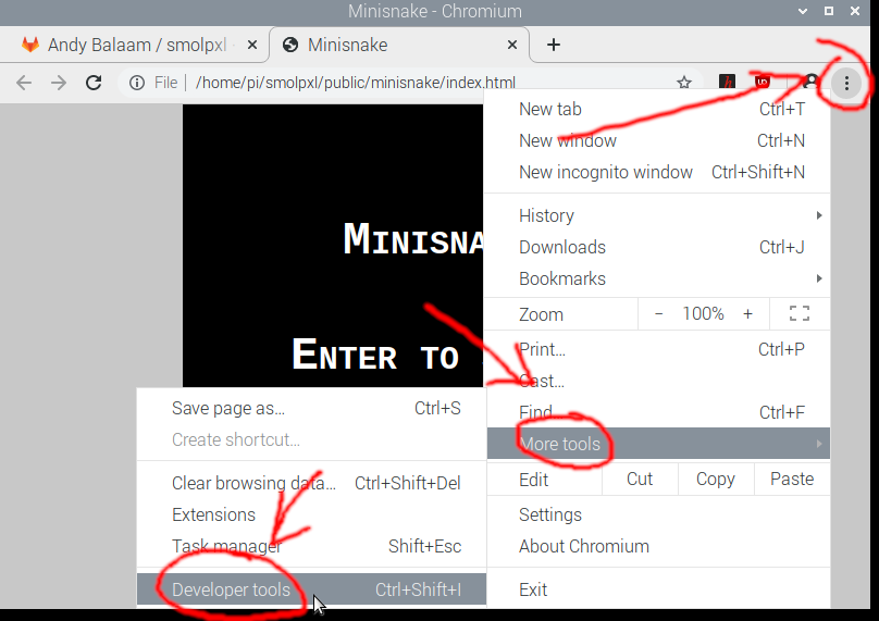 Choosing Chromium's burger menu in the top right, then clicking More tools, then Developer Tools