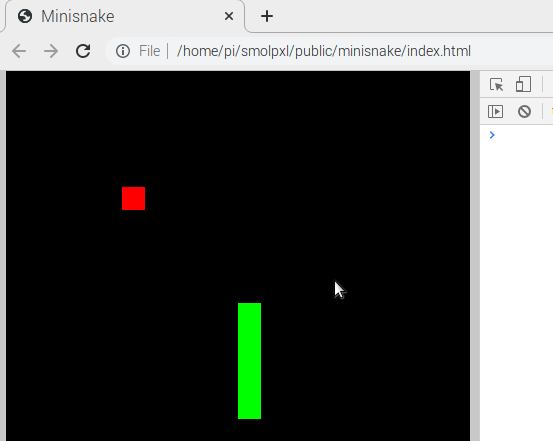 A black game screen, with a red dot and green line for the snake