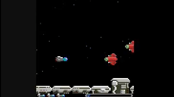 A pixel-art spaceship battles aliens